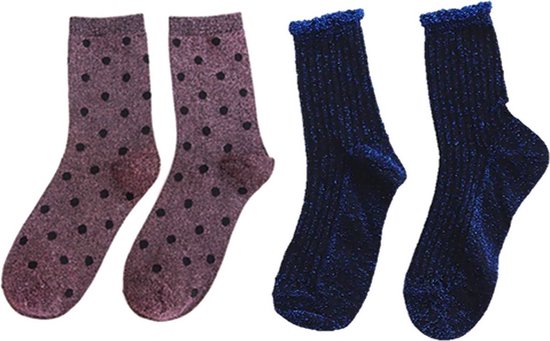 Jobo By JET - Glitter sokken set - 2 pack - 2 paar sokken - Blauw - Roze Stippen - One size