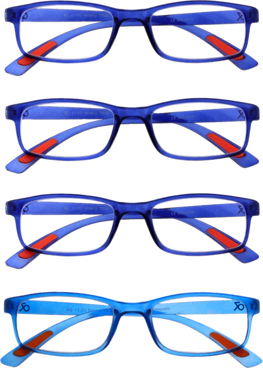 Amazotti Milano Leesbrillen Sterkte +1.00 - Set van 3+1 Extra - Blauw - Leesbril voor Heren en Dames