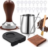 Coffee Tamper,Espresso Tamper 51mm,Coffee Tamper Set Stainless Steel Base Wooden Handle,Espresso Pestle Set,Espresso Coffee Press,Espresso Stamp,Milk Jug(350ml)-Barista Set