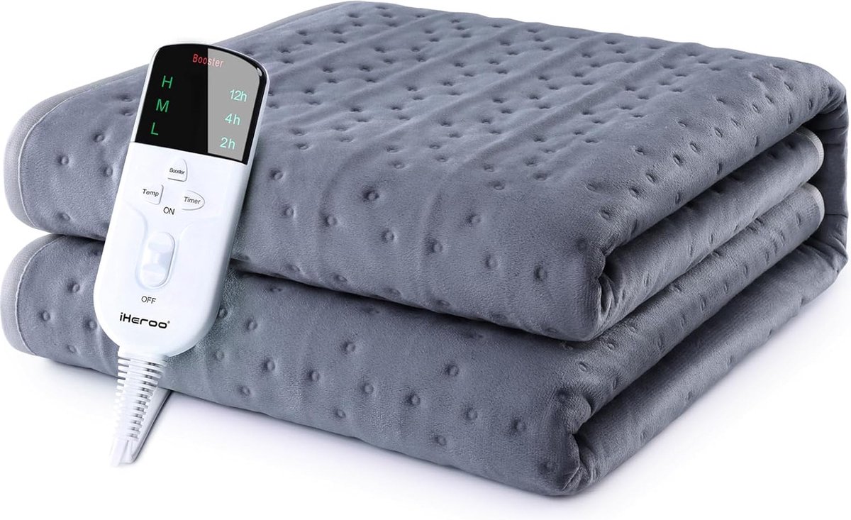 Bedsure Elektrische deken, 130 x 180 cm, automatische uitschakeling, 6 warmtestanden, timer 10 uur, oververhittingsbeveiliging 8 uur, gezellig, voor thuis en op kantoor, grijs