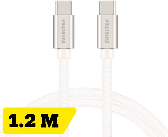 Swissten USB-C naar USB-C Kabel voor o.a. Samsung, Apple iPhone 15 & iPad - 1.2M - Zilver