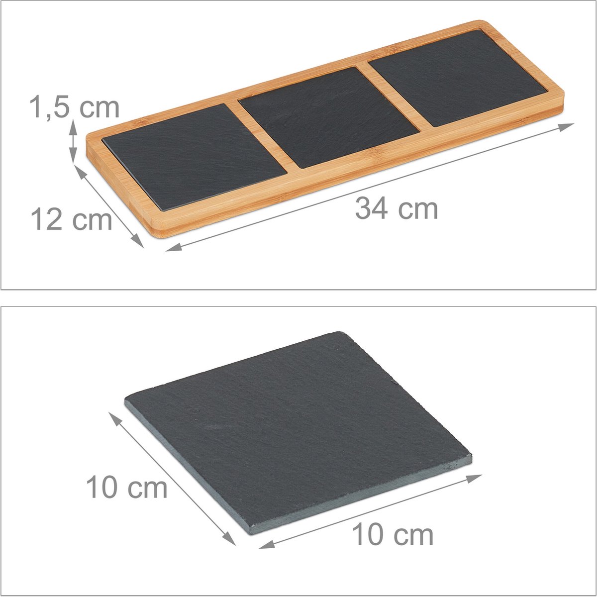 Relaxdays serveerplank bamboe, met leisteen plateau, met handvat, HBD: 1,8 x 45 x 22,5 cm, kaas, tapas, sushi, snijplank