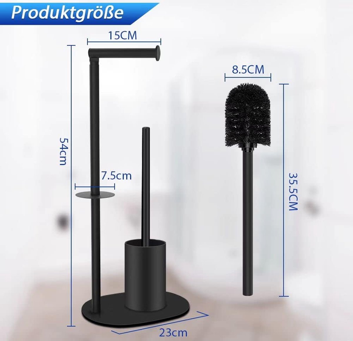 Staande Toiletpapierhouder met Wc-borstel en Toiletrolhouder met Glazen Plank - Roestvrij Staal - Zonder Boren (Zilver