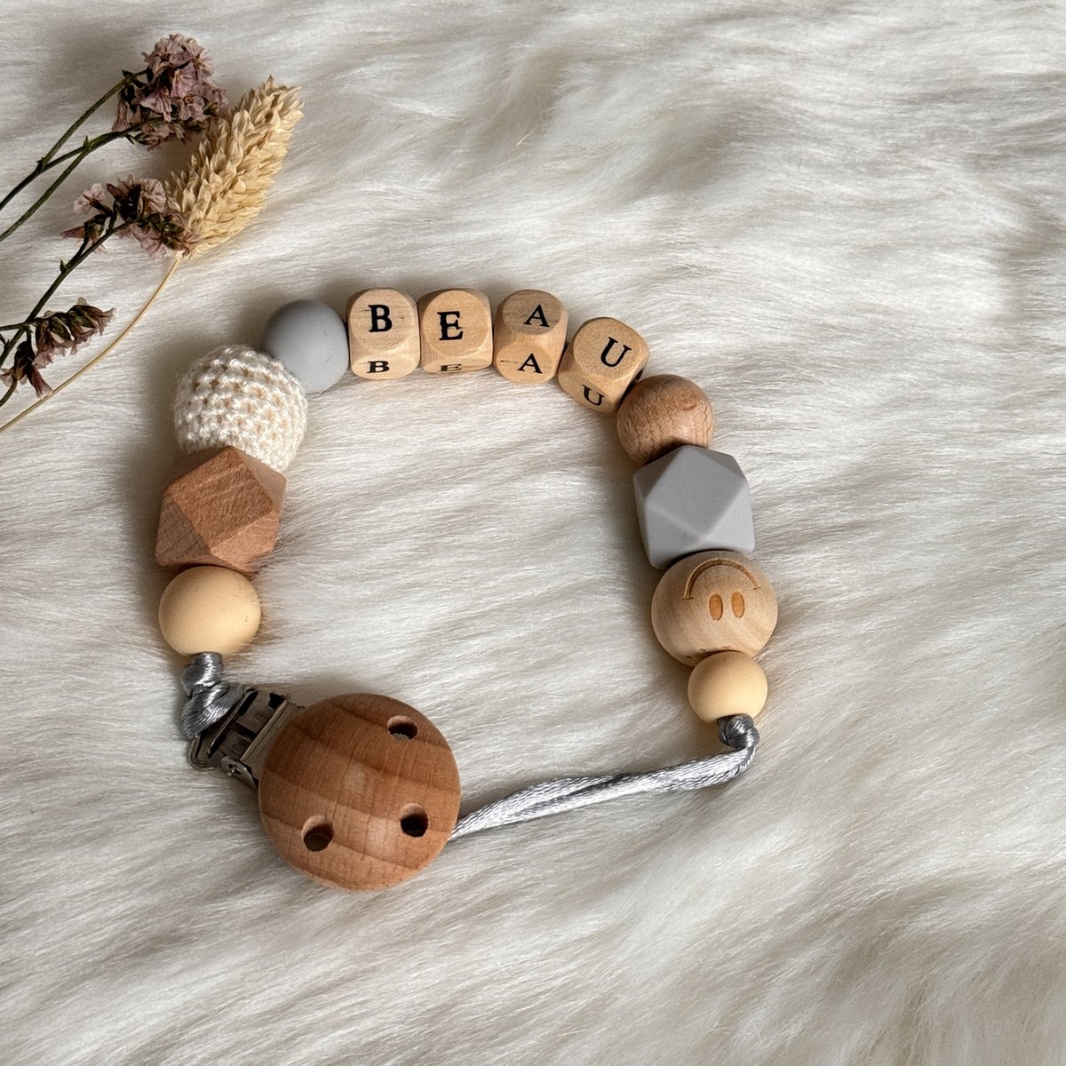 Goedkoopste Speenkoord met naam - Kraamcadeau - Siliconen - Hout - Grijs - Beige