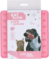 Eat Slow Live Longer Likmat Kruisjes - 19 x 19 cm - Vierkant – Snuffelmat – Anti-schrok Mat – Slowfeeder – Afleiding – Honden en Katten - 100% Siliconen – Vaatwasserbestendig – Roze