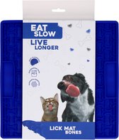 Eat Slow Live Longer Likmat – 21 x 21 cm - Vierkant – Snuffelmat – Anti-schrok Mat – Slowfeeder – Afleiding – Honden en Katten – voor Smeersels, Brokken en Snoep – Botjespatroon - 100% Siliconen – met Zuignappen – Vaatwasserbestendig – Blauw