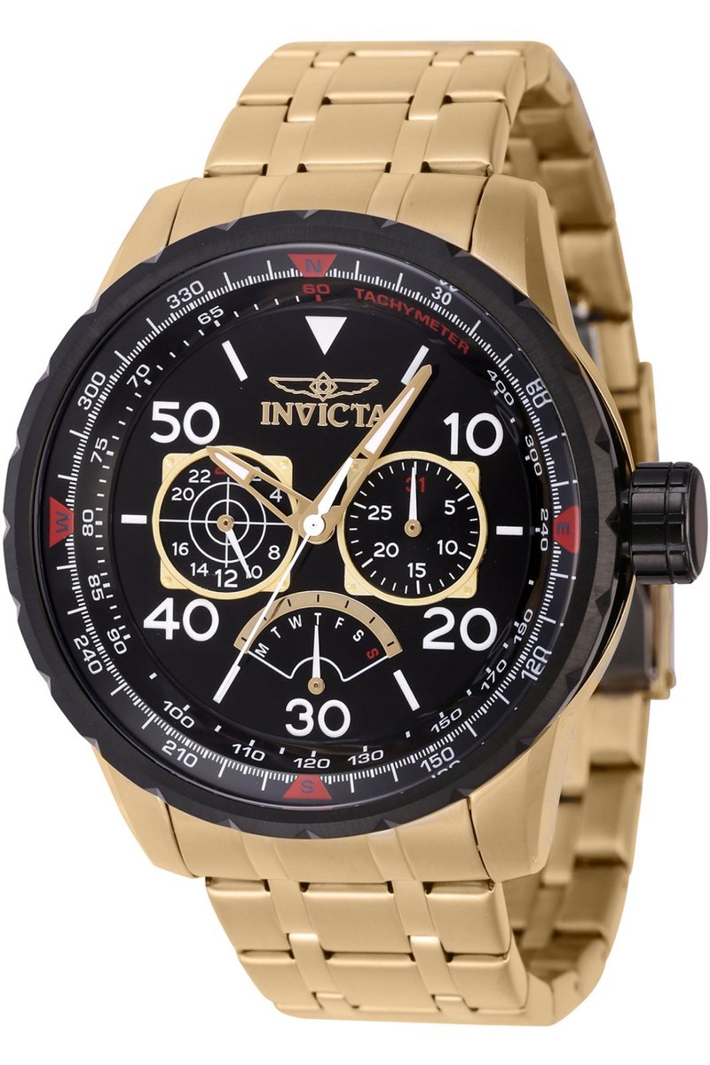 Invicta Aviator 46985 Heren Horloge - Waterdicht - Analoog - Quartz Uurwerk - Roestvrij Staal met zwarte Wijzerplaat -48mm