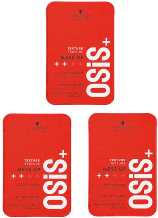 Trois paquets rouges de Schwarzkopf Osis+ Mess Up Matte Paste.