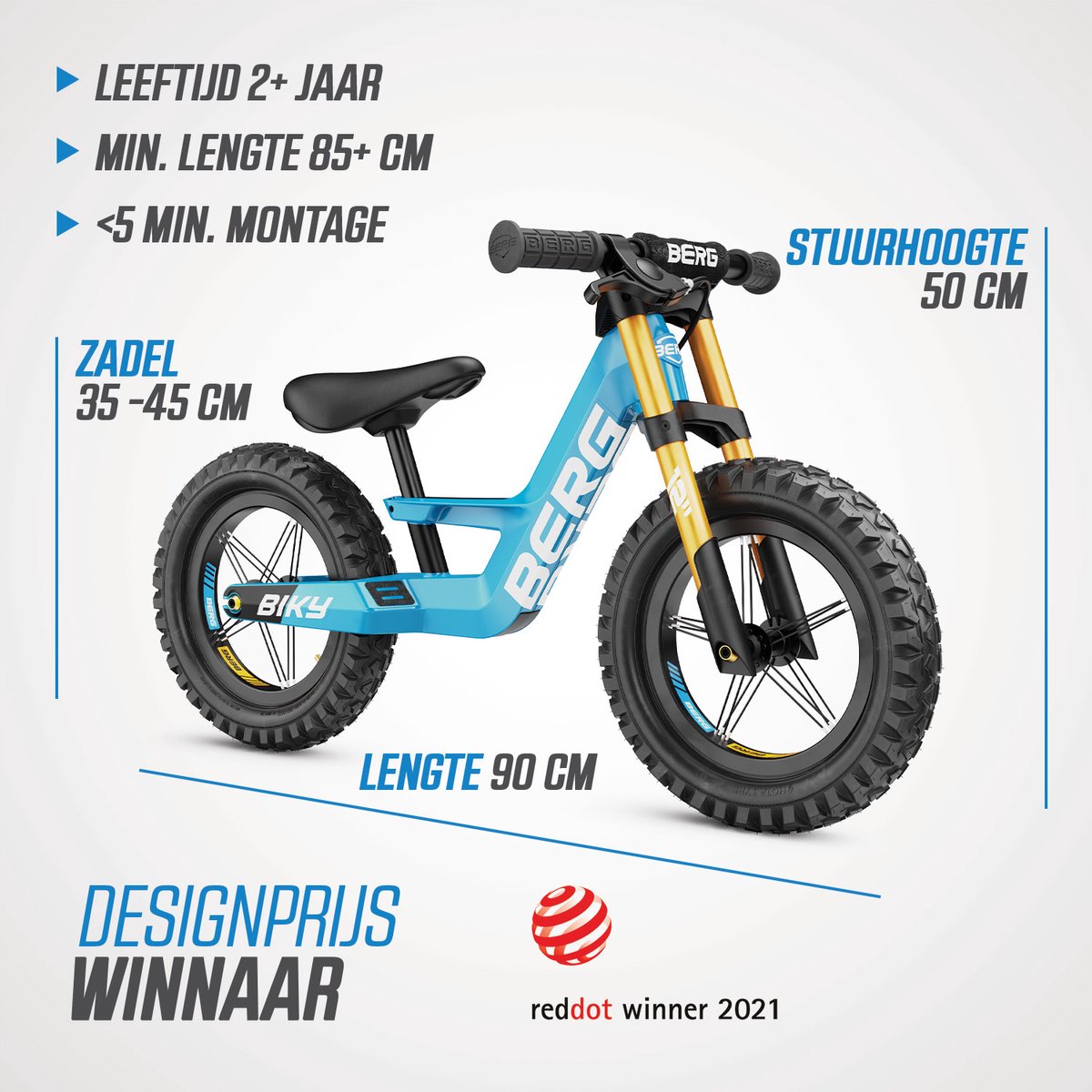 BERG Biky Cross Blue Loopfiets - 12 inch - Met handrem - Lichtgewicht frame van magnesium - Verstelbaar zadel - 2,5+ Jaar - Blauw — afbeelding 4