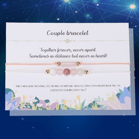 Bixorp Gems Bracelets de couple avec pierres précieuses pour 2 – Bracelet cadeau avec quartz rose, pierre de lune et pierre de soleil – Bracelets d'amitié pour deux