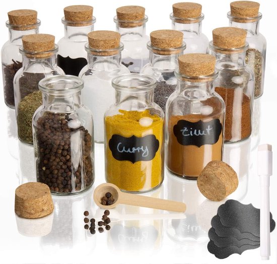 Cinnani Kruidenpotjes, vierkant, set van 250 ml, luchtdicht met houten