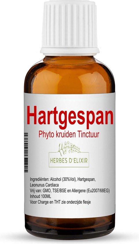 Amberkleurige druppelfles met witte dop, etiket met 'Hartgespan Phyto kruiden Tinctuur' en ingrediënten.