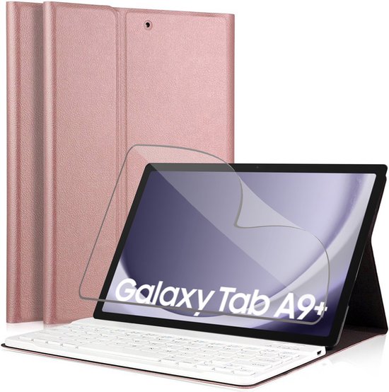 Hoes met Toetsenbord geschikt voor Samsung Tab A9 Plus - Screen Protector FlexGuard - KeyGuard Book Case Cover Leer Roségoud & Screenprotector
