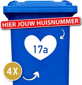 Hart met Huisnummer - Container / Kliko Sticker - 4 delige Voordeelset - 20 x 15,5 cm - wit - 12345678910 - cadeau - geschenk