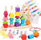 Montessori speelgoed stapelspel houten speelgoed 2-in-1 hout sorteerspeelgoed, rijgspel, stapelen en sorteren bouwstenen, fijne motoriek speelgoed voor kinderen vanaf 2 3 4 5 jaar