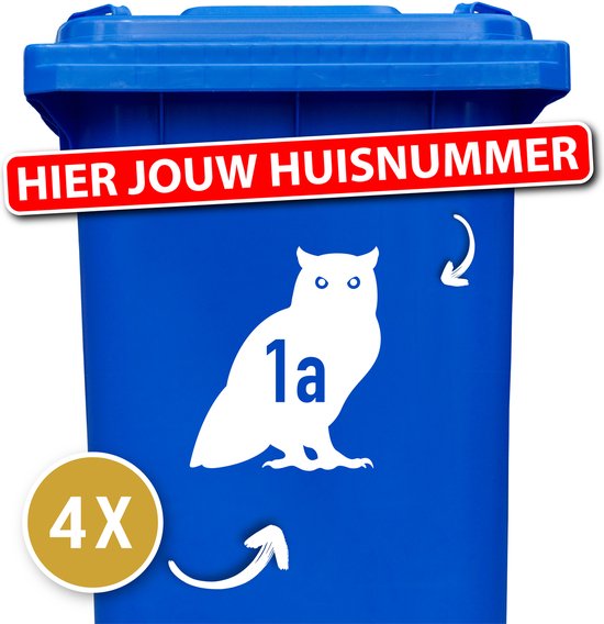 Container sticker - Container Sticker Huisnummer - Variant: Uil - Kleur: Wit - Aantal: 4 Stuks - Stickers volwassenen - Cijfer stickers - Container stickers - sticker - stickers