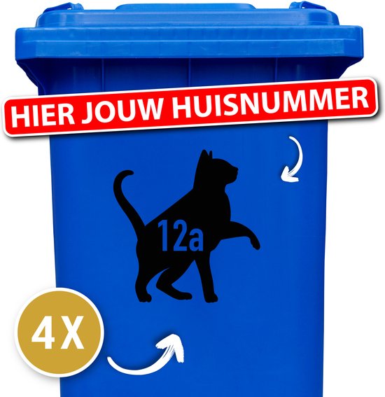 Container Sticker - Kat pootje met Huisnummer - 20 x 21 cm - 4 stuks - Zwart - Container Sticker Kat - Klikostickers