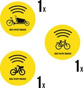 Set fiets stickers | "Built-in GPS tracker" | ⌀ 4,5 cm | 3 verschillende modellen | Anti-diefstal | Dieven ontmoedigen | Ronde stickers | Opvallend | Geel | Weerbestendig | Velo | Beveiliging | Fietsen