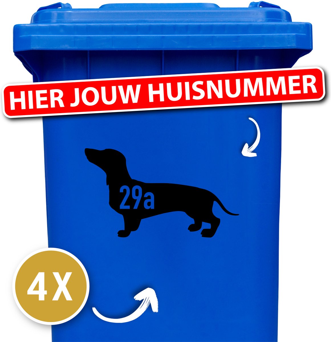 Teckel - Container Sticker - Kliko Sticker Voordeelset - 4 Stuks - Zwart - Container Sticker Huisnummer - Container Sticker Hond - Klikostickers - Teckel Producten - Teckel Cadeau