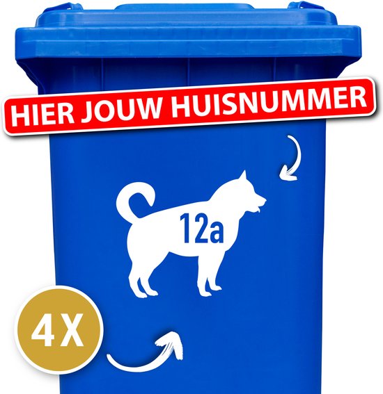 Container sticker - kliko sticker voordeelset - 4 stuks - Akita - container sticker huisnummer - wit - vuilnisbak stickers - container sticker hond - 12345678910 - cadeau - sticker - weersbestendig - cadeau