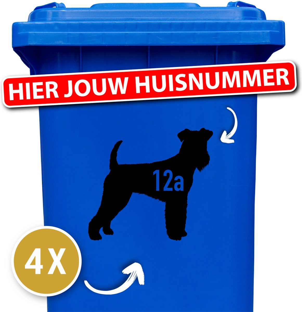 Klikostickers - Container sticker - kliko sticker voordeelset - 4 stuks - Airedale - container sticker huisnummer - Zwart - vuilnisbak stickers - container sticker hond - 12345678910 - cadeau