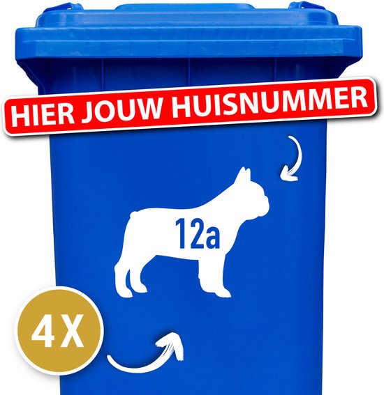 Container sticker - klikostickers - kliko sticker voordeelset - 4 stuks - Franse Bulldog - container sticker huisnummer - wit - vuilnisbak stickers - container sticker hond - 12345678910
