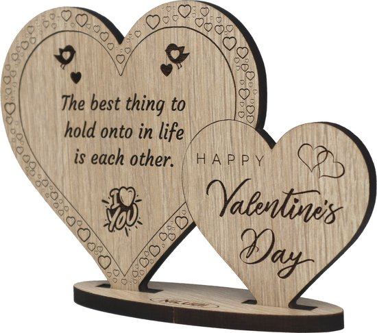 Hartjes Valentijn - houten valentijnskaart - kaart van hout - cadeau Valentijnsdag - 12.5 x 17.5 cm