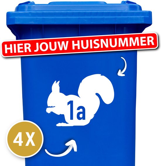 Container sticker Eekhoorn met Huisnummer 4 Stuks - 20 x 15,5 cm - Wit - Klikostickers - 12345678910 - Stickers - Cadeau