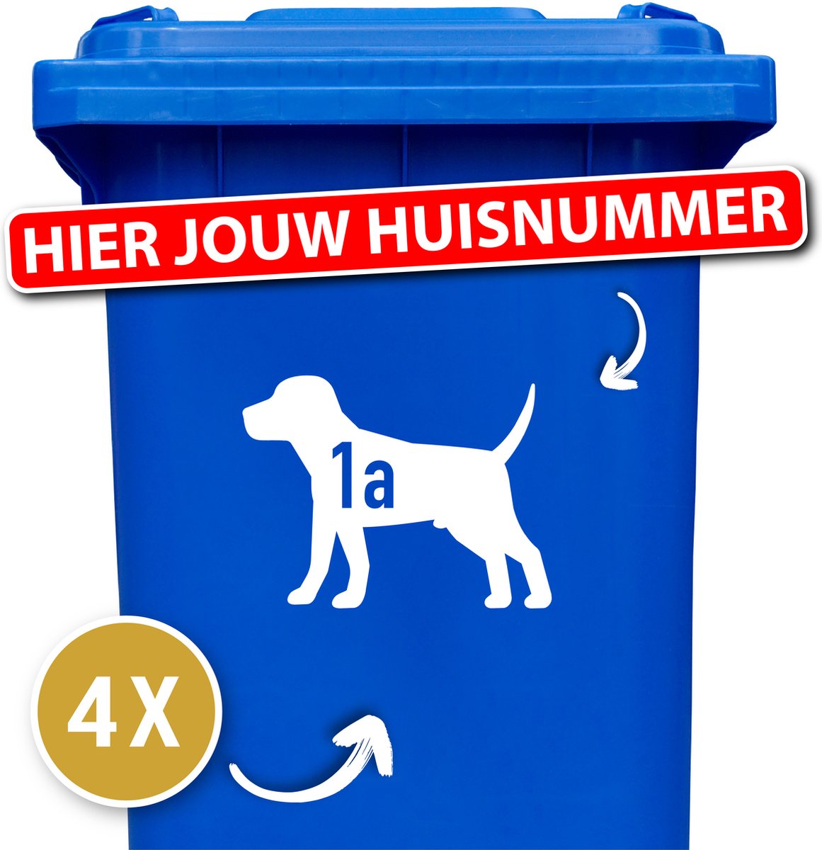 Container sticker - klikostickers - kliko sticker voordeelset - 4 stuks - Beagle - container sticker huisnummer - wit - vuilnisbak stickers - container sticker hond - cadeau - 12345678910
