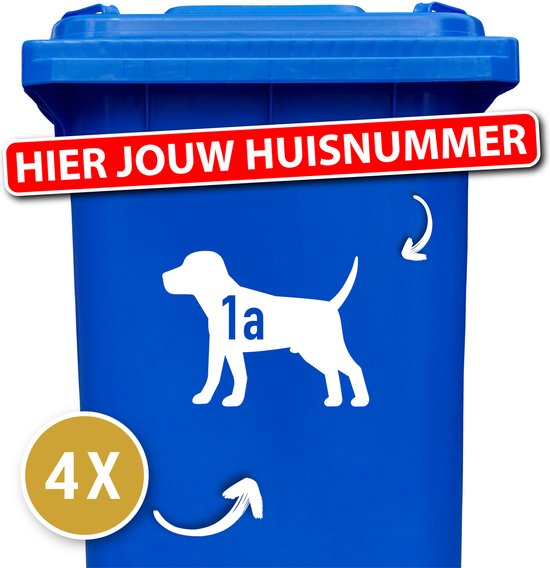 Container sticker - klikostickers - kliko sticker voordeelset - 4 stuks - Beagle - container sticker huisnummer - wit - vuilnisbak stickers - container sticker hond - cadeau - 12345678910