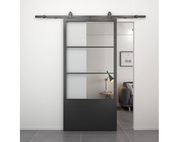 Stalen schuifdeur - Loft - 3 vaks helder glas - kickplate - 215 x 100 cm