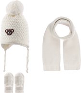 Kitti 3-Delig Winter Set | Muts (Beanie) met Fleecevoering - Sjaal - Handschoenen | 0-18 Maanden Baby Jongens | K23150-05-03 | Cream