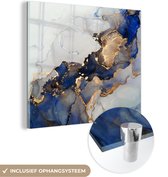 MuchoWow® Glasschilderij 20x20 cm - Schilderij acrylglas - Marmer - Blauw - Goud - Foto op glas - Schilderijen