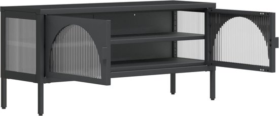 Meuble TV noir avec portes ouvertes, verre rayé et deux compartiments de rangement.