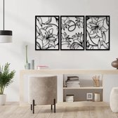 BT Home - 3 stucks Poopy flowers modern deco muurdecoratie - Wanddecoratie - Zwart - Houten art - Muurdecoratie - Line art - Wall art - Bohemian - Wandborden - Woonkamer - 105x50 cm