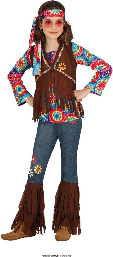 Guirca - Hippie Kostuum - Easy Peasy Hippie - Meisje - Bruin, Multicolor - 5 - 6 jaar - Carnavalskleding - Verkleedkleding
