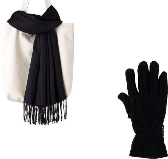 Winterset Zwart - Zwarte Sjaal 200*70cm + Zwarte Handschoenen Maat L