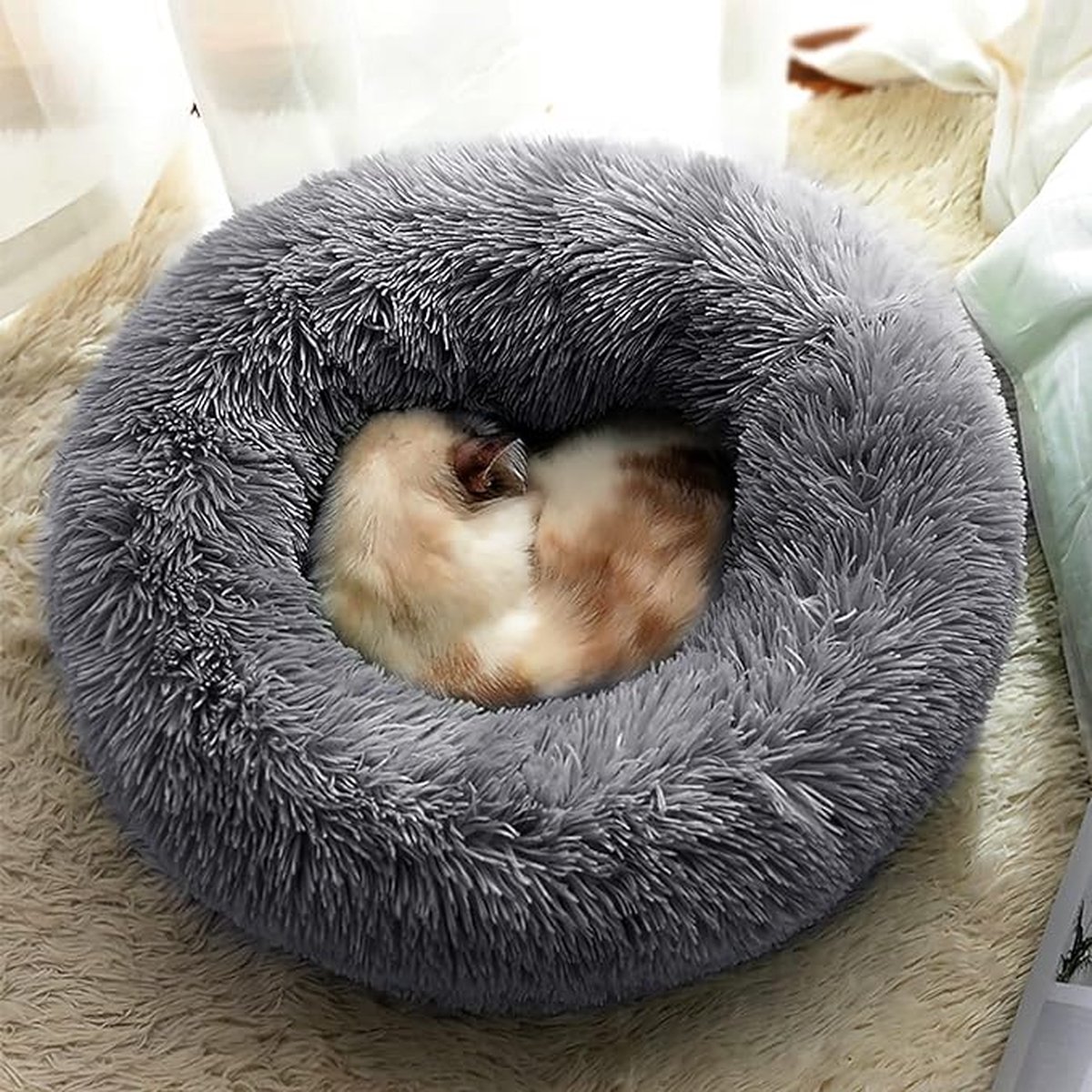 Obelunrp Kattenbed, 15 inch stro geweven kattenmand bed met zacht kussen, rond rieten kattenmand nest, antislip, gezellig kattenbed voor katten en kleine honden