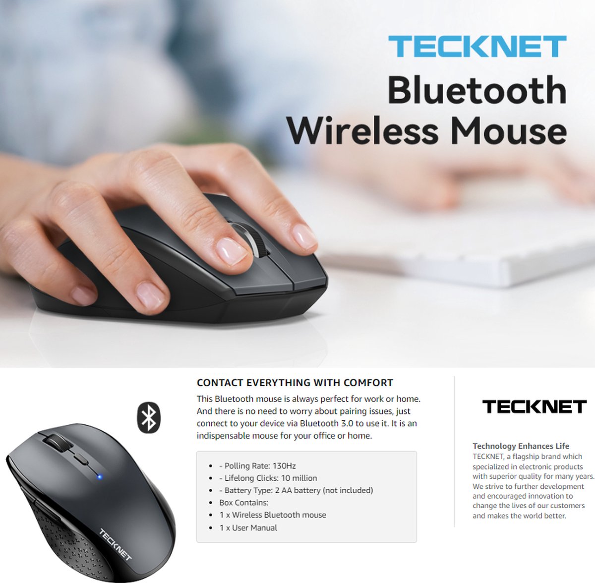 Souris sans fil Bluetooth TeckNet Pro, 2600DPI / 5 niveaux - Gris