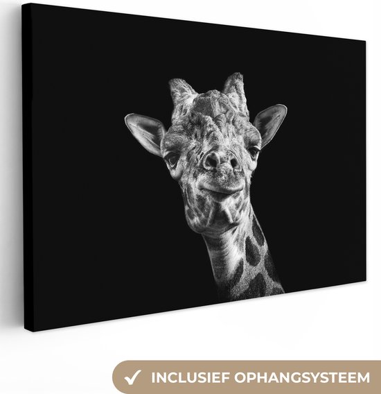 Canvas Schilderij Giraffe tegen zwarte achtergrond in zwart-wit - 60x40 cm - Wanddecoratie