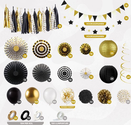 Fissaly 76 Stuks Goud, Zwart & Wit Decoratie Feestpakket met Ballonnen – Versiering - Helium – Papieren Confetti – Latex - Fissaly