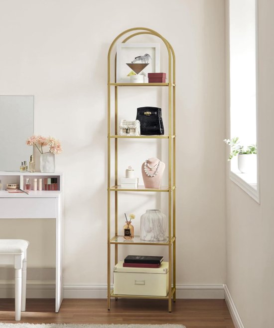 Foto: Orion store boekenkast 5 tier geharde glazen planken opslagplank boog metalen structuur voor woonkamer slaapkamer studie badkamer metaal goud transparant 30 2cm x 40cm x 183 5cm