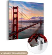 MuchoWow® Glasschilderij - Kleurrijke zonsondergang boven de Golden Gate Bridge in San Francisco - 50x50 cm - Acrylglas Schilderijen - Foto op Glas