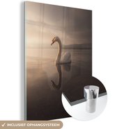 MuchoWow® Glasschilderij 60x80 cm - Schilderij acrylglas - Zwaan - Water - Wolken - Foto op glas - Schilderijen