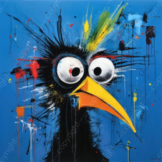 JJ-Art (Aluminium) 80x80 | Grappige kraai in abstract geschilderde stijl, kunst, felle kleuren, kleurrijk | dier, vogel, blauw, geel, rood, zwart, vierkant, modern | foto-schilderij op dibond, metaal wanddecoratie