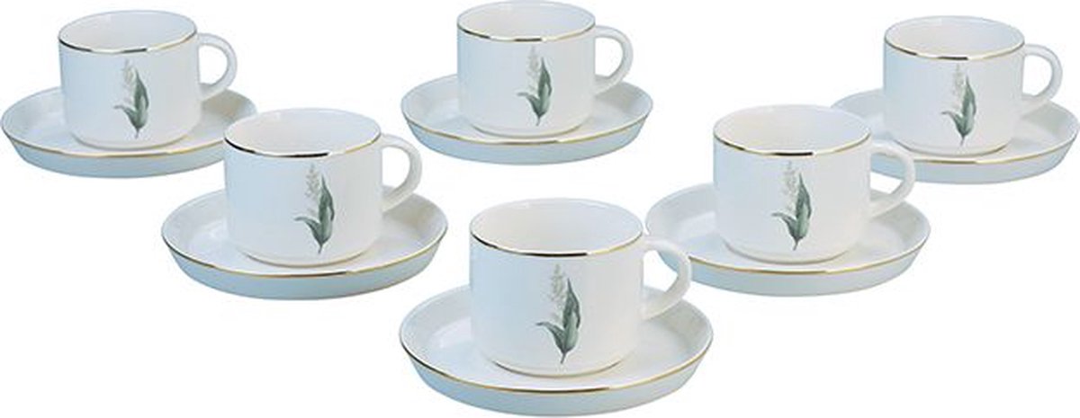 Bricard Lunel Flower Koffieset - 12-delig - Wit/Goud - 200ml - Porselein - Koffiekopjes