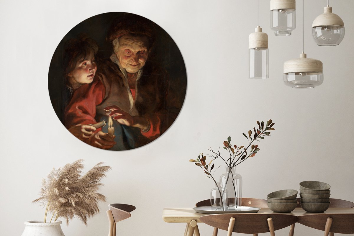 WallCircle® - Behangcirkel 120x120 cm - Muurstickers Oude vrouw en jongen met kaarsen - Schilderij van Peter Paul Rubens - Muurcirkel woonkamer - Wandcirkel slaapkamer - Kamer decoratie zelfklevend - Muurdecoratie accessoires XXL