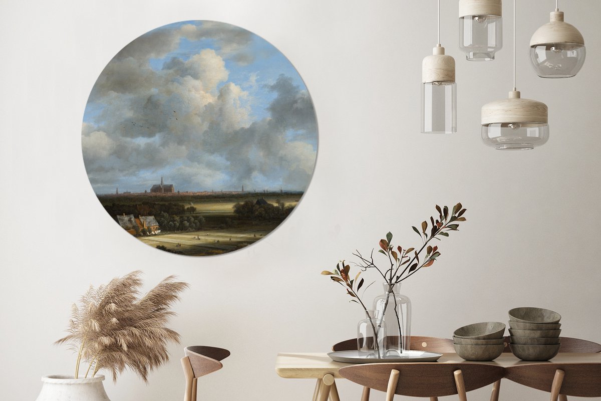 WallCircle® - Behangcirkel 140x140 cm - Muurstickers Gezicht op Haarlem met bleekvelden - Schilderij van Jacob van Ruisdael - Muurcirkel woonkamer - Wandcirkel slaapkamer - Kamer decoratie zelfklevend - Muurdecoratie accessoires