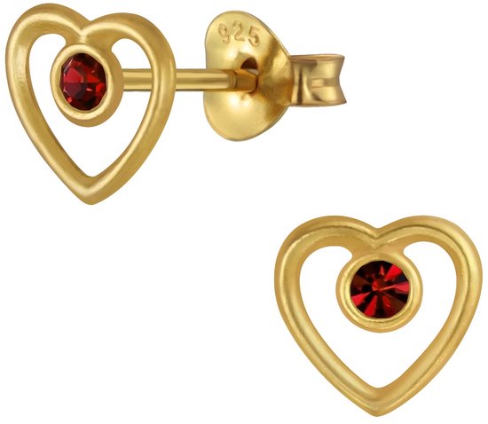 Joy|S - Zilveren hartje oorbellen - 7 mm - kristal rood - 14k goudplating