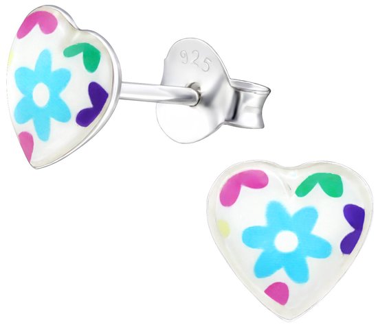 Joy|S - Zilveren hartje oorbellen - 7 mm - wit met gekleurde bloemen - oorknoppen